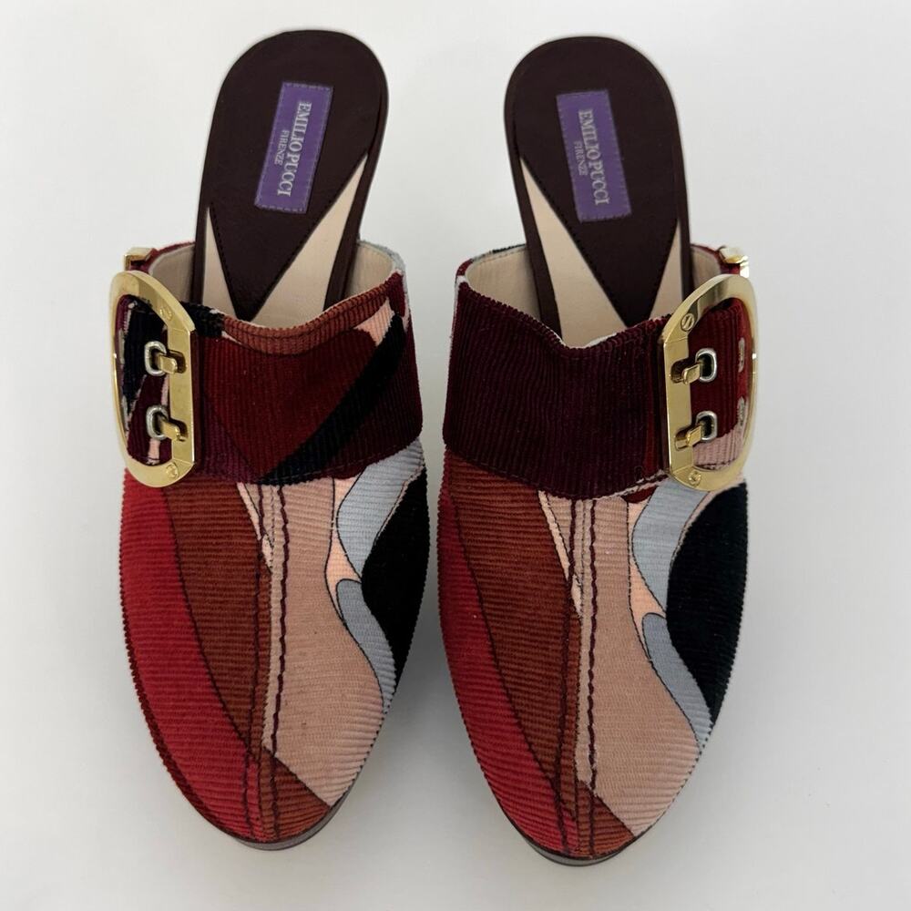 Emilio Pucci Firenze Multicolor Corduroy Platform Heeled Mules Shoes 36 (US 6) - Picture 4 of 15